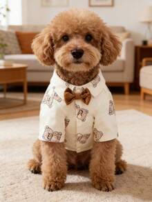 1pc Pet Dog Clothes With Cute Bear Print Pattern, Stylish Bow Tie Shirt, Suitable For Small Dogs, Wearable All Seasons - Beige - View 13