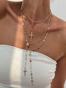 4pcs/Set Bohemian Crystal Tassel Necklace, Long Pendant Necklace, Vacation Style Jewelry, Suitable For Parties, Gifts, And Daily Wear - 彩色 - 查看 2
