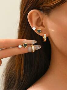 3 Pairs Stainless Steel Micro-Inlaid Diamond Heart Stud Earrings & Hoop Earrings Set, Versatile Daily Wear For Women - Multicolor - View 1