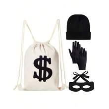 4pcs Christmas New Thief Costume Set, Includes Canvas Bag Backpack Gloves Blindfold Hat, Party Burglar Prisoner Cosplay, Imaginative Outdoor Outfit, Unisex Fashion Basic, All Seasons - Multicolor - View 2