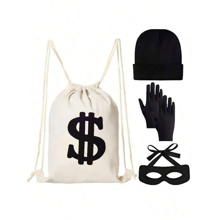 4pcs Christmas New Thief Costume Set, Includes Canvas Bag Backpack Gloves Blindfold Hat, Party Burglar Prisoner Cosplay, Imaginative Outdoor Outfit, Unisex Fashion Basic, All Seasons - Multicolor - View 2