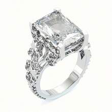 奢华镀白金夸张闪亮方形锆石戒指，女士款 - 白金 - 查看 2