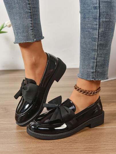 Women's Black Loafers, Slip-On Soft Sole Mary Jane Leather Shoes, Formal Work Shoes With Bow, Japanese JK Style, Platform Wedge Heels