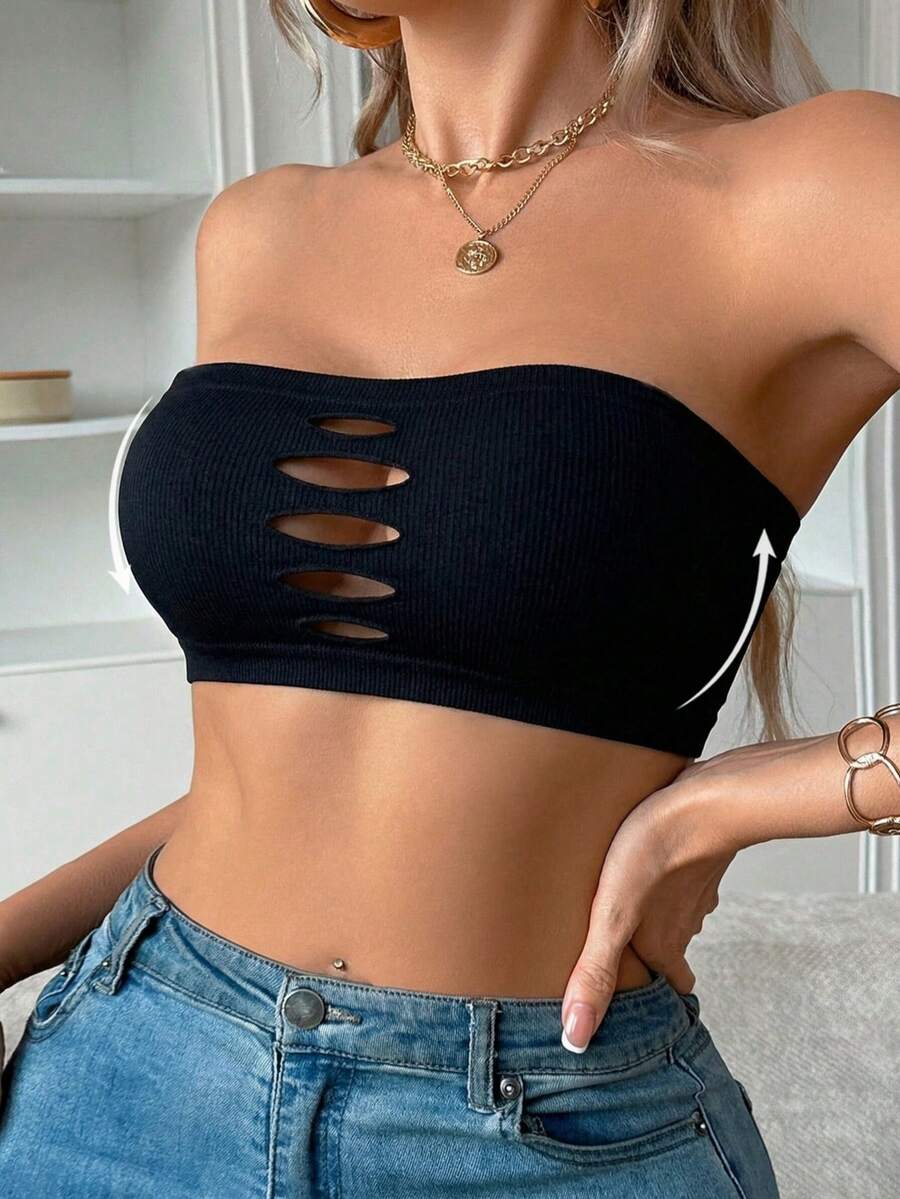 Black Hollow Front Bandeau Bra, Strapless Bandeau Top, Women Strapless Camisole - Black - View 1