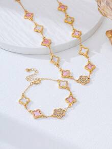 粉白宝石四叶草手链项链套装，优雅女士珠宝礼品 - 粉色 - 查看 5