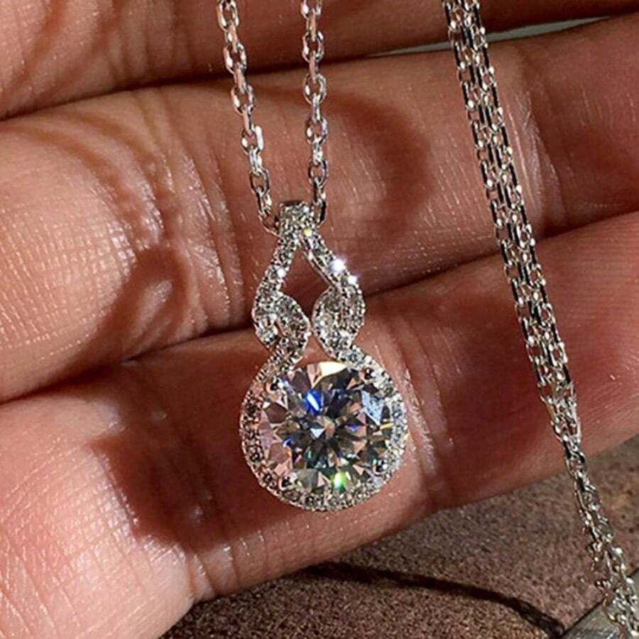 时尚女士圆形吊坠立方氧化锆项链，闪亮珠宝周年纪念礼物 - XL088 白金 - 查看 1