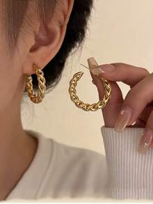 复古C形编织纹理耳环，金属质感高端时尚百搭耳环 - 彩色 - 查看 7