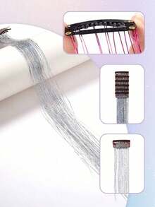 Hair Tinsel Kit Glitter Hair Tinsel Clip In Sparkling Shiny Fairy Hair Tinsel Hair Extensions For Halloween Christmas Party 22 Inch Pink 6PCS/PACK - Bạc - Xem 6