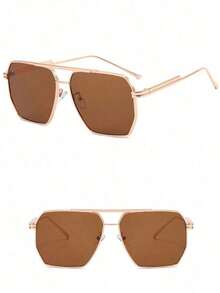 1pc Y2K Futuristic Square Double Bridge Personalized Fashion Glasses, Versatile Back To School Fashion - 棕色 - 查看 4