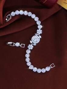 1pc Gorgeous 6mm Cubic Zirconia Silver Plated Flower Shaped Round Tennis Bracelet For Women, Engagement Party Wedding Jewelry - White - View 4