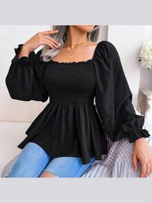 Long-Sleeved Chiffon Blouse With Ruffles And Square Neckline | Casual Style, New Spring/Summer Collection - 黑色 - 查看 4