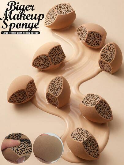 4个装大号豹纹棕色美妆蛋，亲水PU超柔软晕染粉扑，不吸水，适用于粉底、散粉、BB霜、遮瑕膏等。