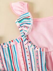 Conjunto de 3 piezas de top sin mangas con estampado floral y de rayas + pantalones cortos para niñas bebé - Multicolor - Ver 7
