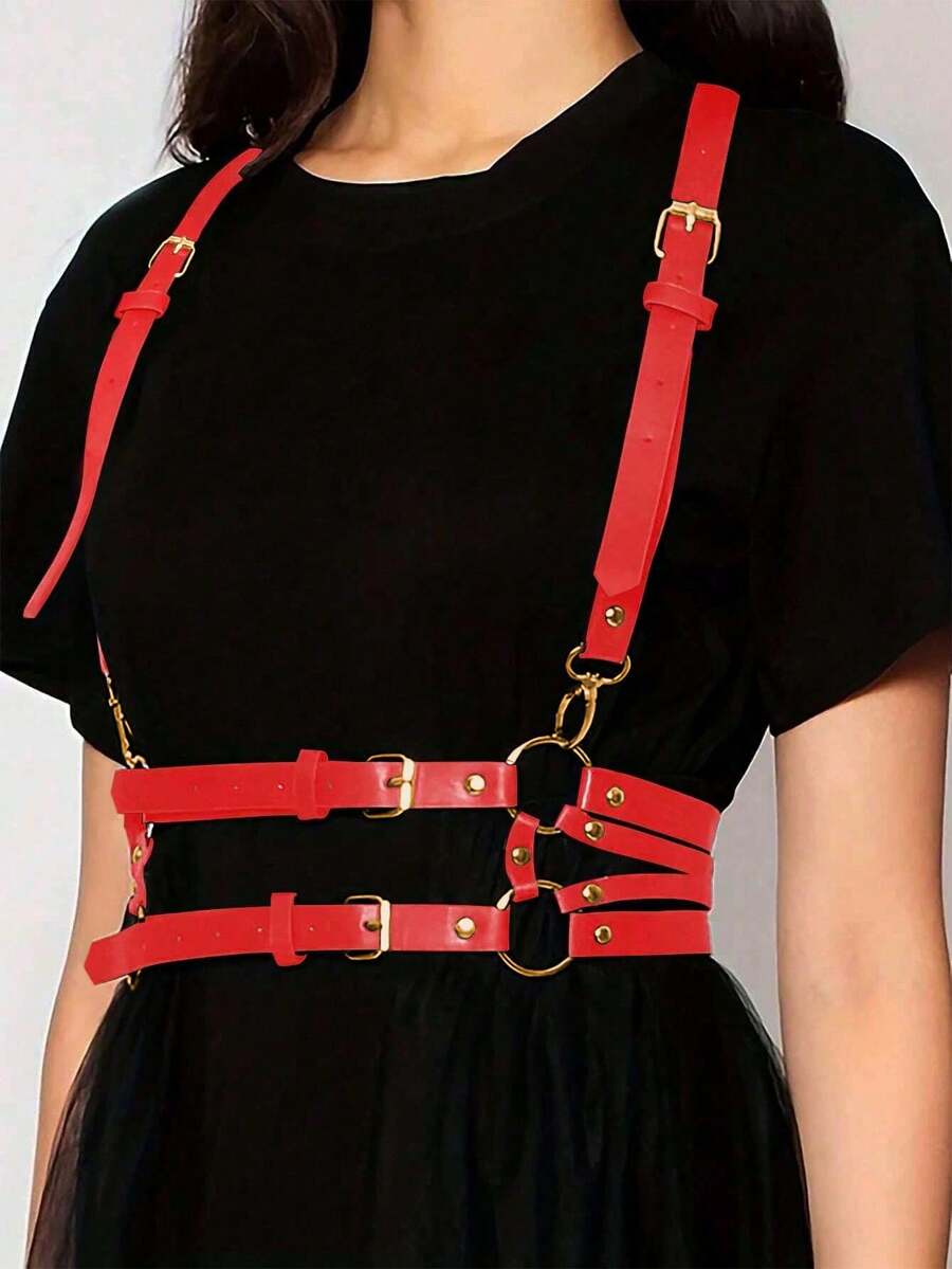 1pc Women's Renaissance Style Burgundy Faux Leather Fashion Suspender, Suitable For Halloween Party Or Daily Wear - Red - View 1