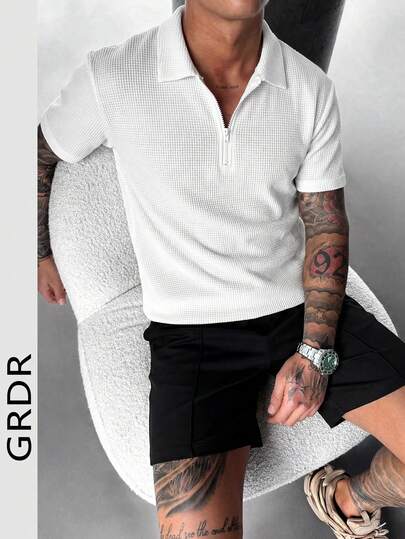  Camisa polo casual con media cremallera, cuello vuelto y diseño minimalista versátil para exteriores para hombres GRDR