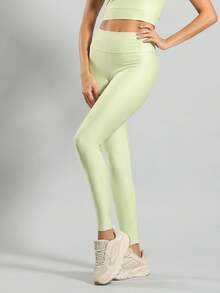 FITNATION Leggings Set With Waistband Pocket + Longline Cropped Top In Micro-Ribbed Fabric With SHINE And HIGH Elasticity And Support. - Verde Lima - Ver 4