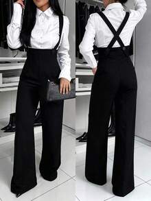 Women's Elegant Solid Color Sleeveless Wide Leg Jumpsuit, Suitable For Commuting - Black - View 12