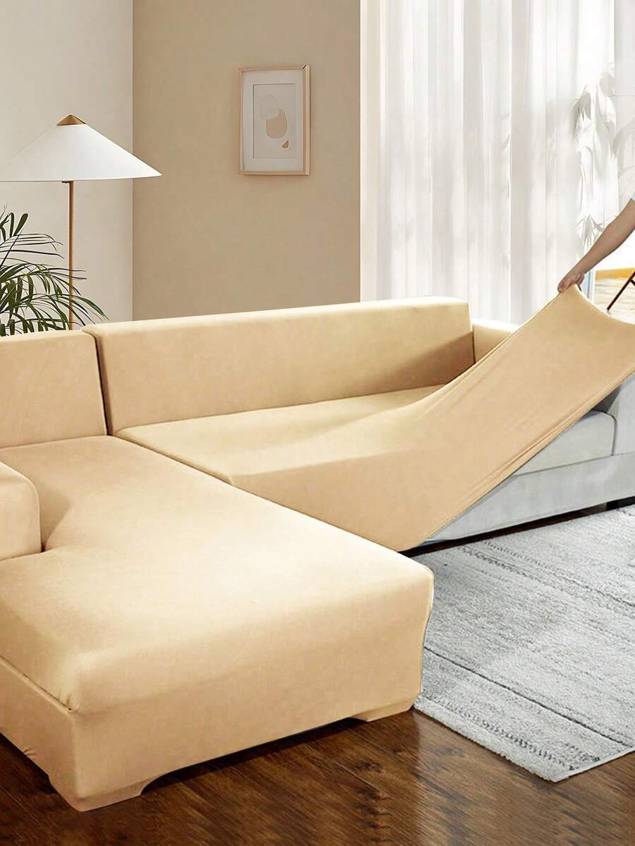 1 buah Sarung Sofa Elastis Sutra Susu Warna Polos, Sarung Sofa Modern untuk Semua Musim, Pelindung Sofa yang Aman untuk Hewan Peliharaan dan Dapat Dicuci dengan Mesin, Dekorasi Rumah yang Ramah Hewan Peliharaan, untuk Sofa 1 Dudukan, 2 Dudukan, 3 Dudukan, dan 4 Dudukan - Krem - View 1