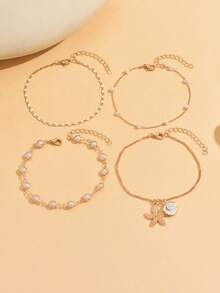4pcs/Set Minimalist Versatile Pearl Handmade Chain, Gold Solid Chain Anklet, Fashion Gold Starfish & Shell Pendant Multi-Layer Anklet Jewelry, Suitable For Daily Wear, Photo Shooting, Dating, Vacation. Chain Length Customizable - Multicolor - View 2