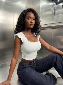 Camiseta ajustada de manga corta con cuello cuadrado, bajo con volantes y unicolor, adecuada para las temporadas de verano y primavera, color blanco casual - Blanco - Ver 6