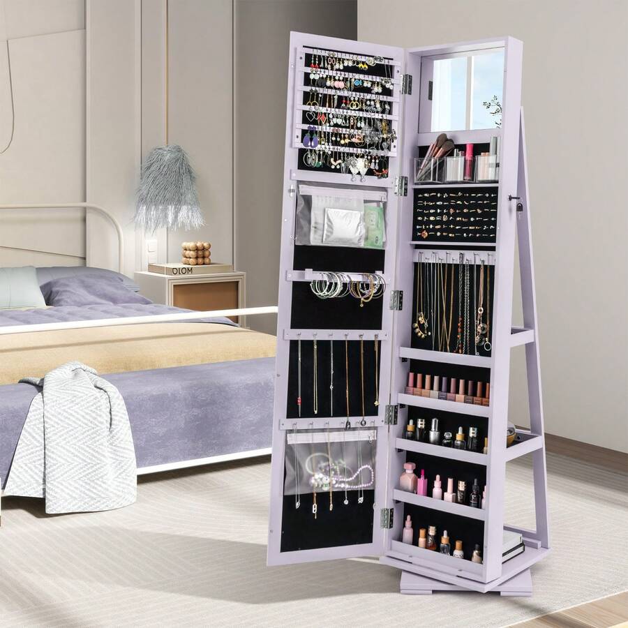 COSTWAY 360° Rotating Jewelry Cabinet With Full Length Mirror, 43.5" Standing Jewelry Storage Organizer With Built-In Make-Up Mirror & 3 Rear Storage Shelves, Lockable Jewelry Armoire, Purple - Purple - View 1