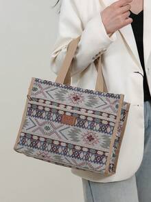 New Thick Knit Jacquard Fabric Handbag, Large Capacity Portable Lunch Box Storage Bag, Bento Bag, Lunch Bag, Suitable For Office Lunch, Outdoor Picnic, Lunch Box Storage, Aluminum Foil Insulation Layer Inside, Zipper Pocket In Front - Beige - View 8
