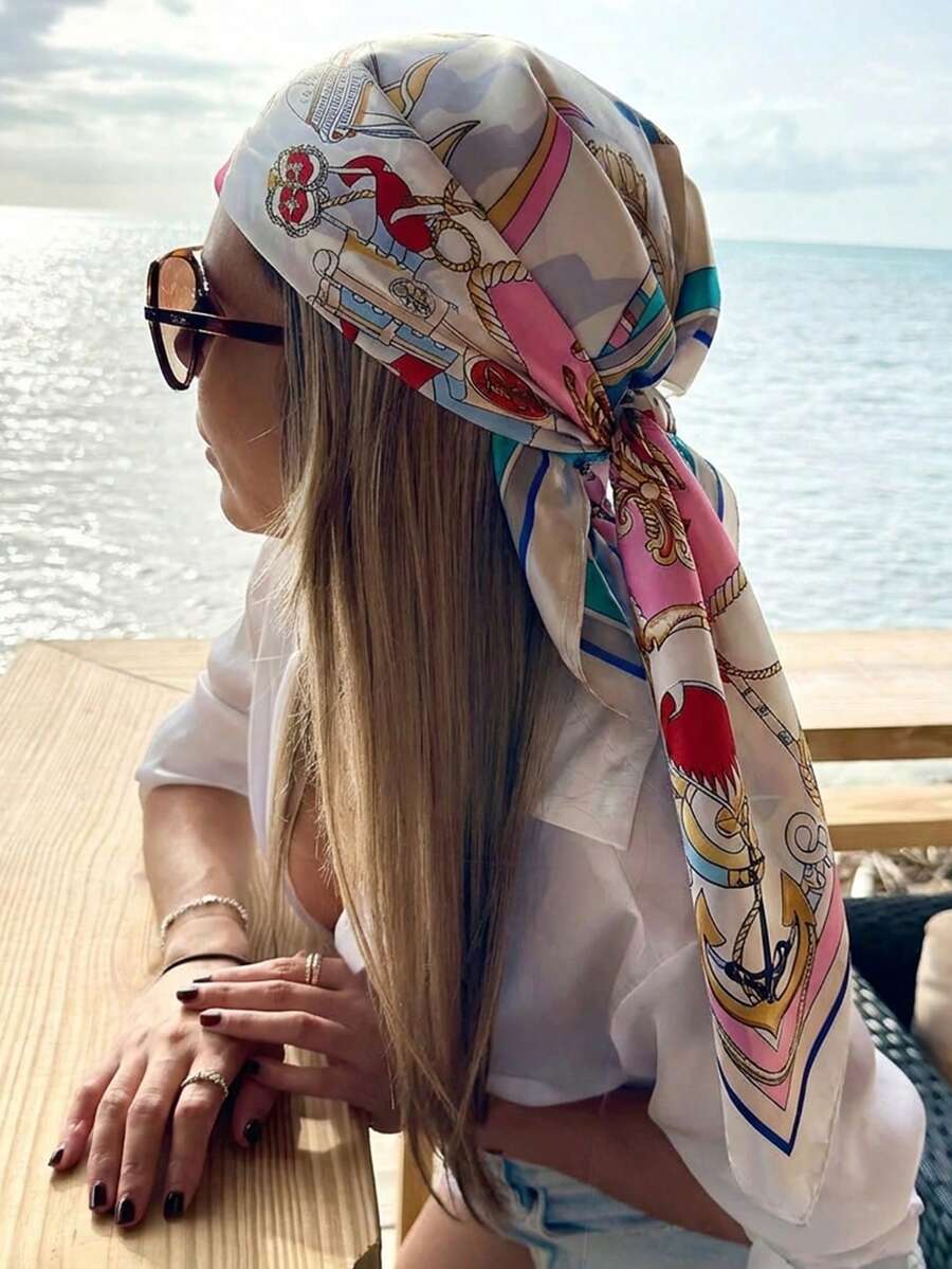 1条女士优雅链条图案印花90厘米方形围巾/头巾,适合休闲时尚户外佩戴,可用作围巾、头巾、披肩,防风防晒,是海滩、度假、旅行必备佳品。 - 粉色 - 查看 1