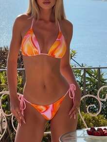 2pcs/Set Allover Print Sexy Summer Date/Vacation Beach Women Bikini Set - Orange - View 3