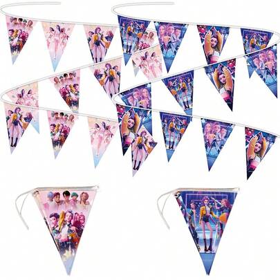 1pc K-Pop Witch Hunting Girl Group Theme Party Decoration Background Triangle Flag, Paper Korean Pop Idol Group Dance Scene Pattern Birthday Party Decoration Triangle Flag, Suitable For Indoor/Outdoor Party Wall Decor, K-Drama Fan Theme Party Wall Paper Triangle Flag Decor