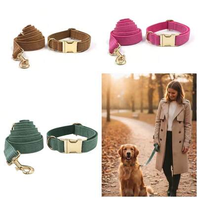 可调节灯芯绒锌合金扣宠物狗项圈+牵引绳套装，可调节狗项圈和牵引绳套装，双层柔软舒适宠物颈带，适合小型/中型/大型犬，狗狗装饰，户外宠物用品，宠物节日/婚礼/生日礼物