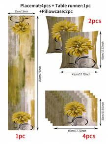 1/4/5/6/7pcs Vintage Style Floral Design Decoration Set, Living Room/Bedroom/Dining Room Decor, Linen-Like Material, Multi-Size Options, Dining Table Decor, Fireplace Mantel Scarf, Placemats, Coasters, Home Decor - Yellow - View 2