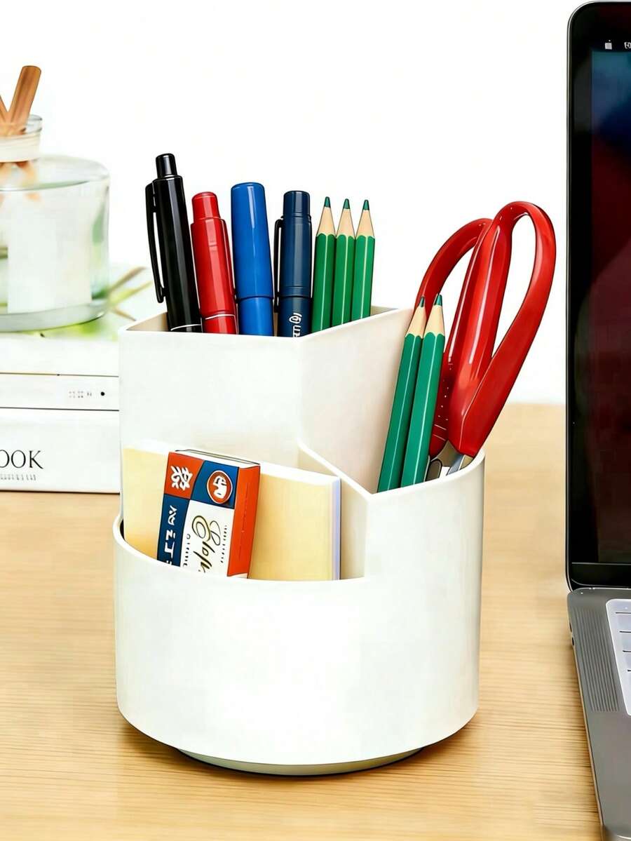 360° Rotating Pen Holder, 3-Compartment Design, Large Capacity Rotating Pen Cup Desktop Organizer Box, Suitable For Office, School, Art Supplies