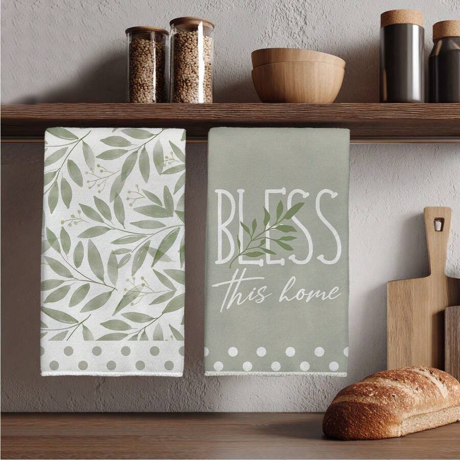 MEMNUN 2条水彩绿叶“祝福家园”印花厨房毛巾，尺寸15.75*23.62英寸（40*60厘米），超柔软吸水超细纤维材质，现代家居装饰，厨房配件，可机洗，适用于餐厅、厨房、浴室，日常装饰和礼品，四季皆宜。 - 彩色 - 查看 1