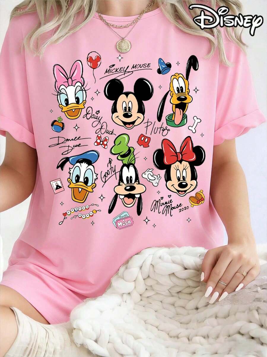 This Disney-Licensed Women's Summer Cotton T-Shirt Features A Relaxed Mickey Mouse Print On The Front, Themed Around Disney's 2026 Travel Theme, Creating A Lively Party Atmosphere. Perfect For Taking Photos At Disneyland, As A Travel Souvenir, For Everyday Casual Wear, Or For Matching Family Outfits. It Also Makes An Ideal Valentine's Day Gift For Friends And Family. Men's And Women's Clothing, New Spring Style, Comfortable And Skin-Friendly, Suitable For Outdoor Wear. - Pink - View 1