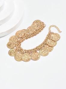 2pcs/Set Summer Beach Coin Pendant Anklet, Elegant Multi-Layer Anklet Set, Suitable For Vacation And Pool Party, Bohemian Style Foot Jewelry - Gold - View 4