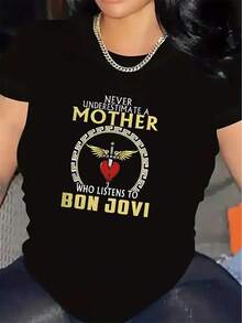 Women'S Motherhood Graphic T-Shirt - "Never Underestimate A Mom Who Listens To Bon Jovi" Tee - Lightweight Breathable Polyester Shirt For Everyday & Special Occasions - Perfect Gift For Music Lovers - Casual Maternity Top, Mom Shirt, Casual Wear, Round Neckline, Durable Comfort, Comfortable Fit, Home Wear, Inspirational Design, Soft Material, Short Sleeve Top, New Moms - Black - View 1