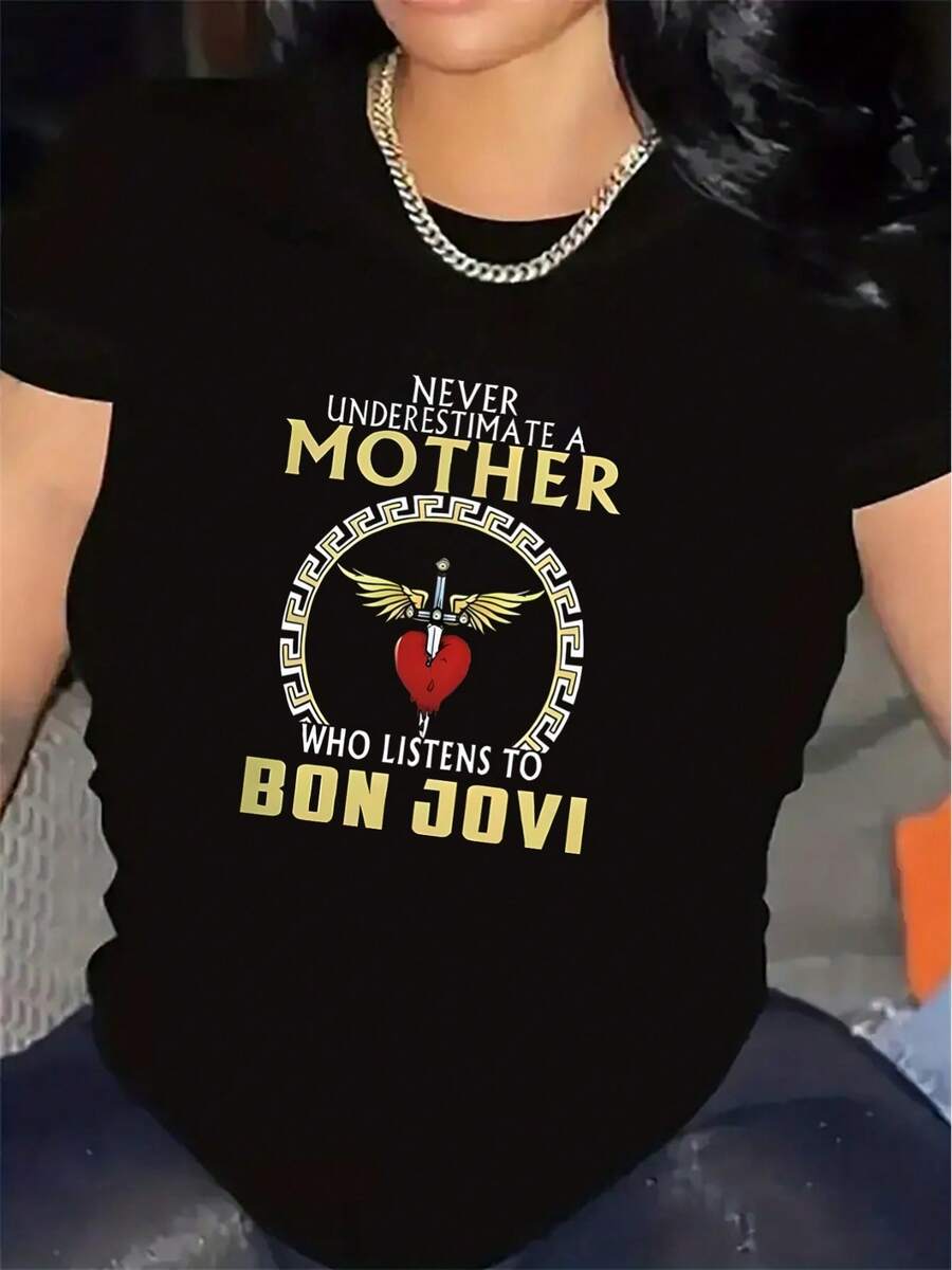 Women'S Motherhood Graphic T-Shirt - "Never Underestimate A Mom Who Listens To Bon Jovi" Tee - Lightweight Breathable Polyester Shirt For Everyday & Special Occasions - Perfect Gift For Music Lovers - Casual Maternity Top, Mom Shirt, Casual Wear, Round Neckline, Durable Comfort, Comfortable Fit, Home Wear, Inspirational Design, Soft Material, Short Sleeve Top, New Moms - Black - View 1