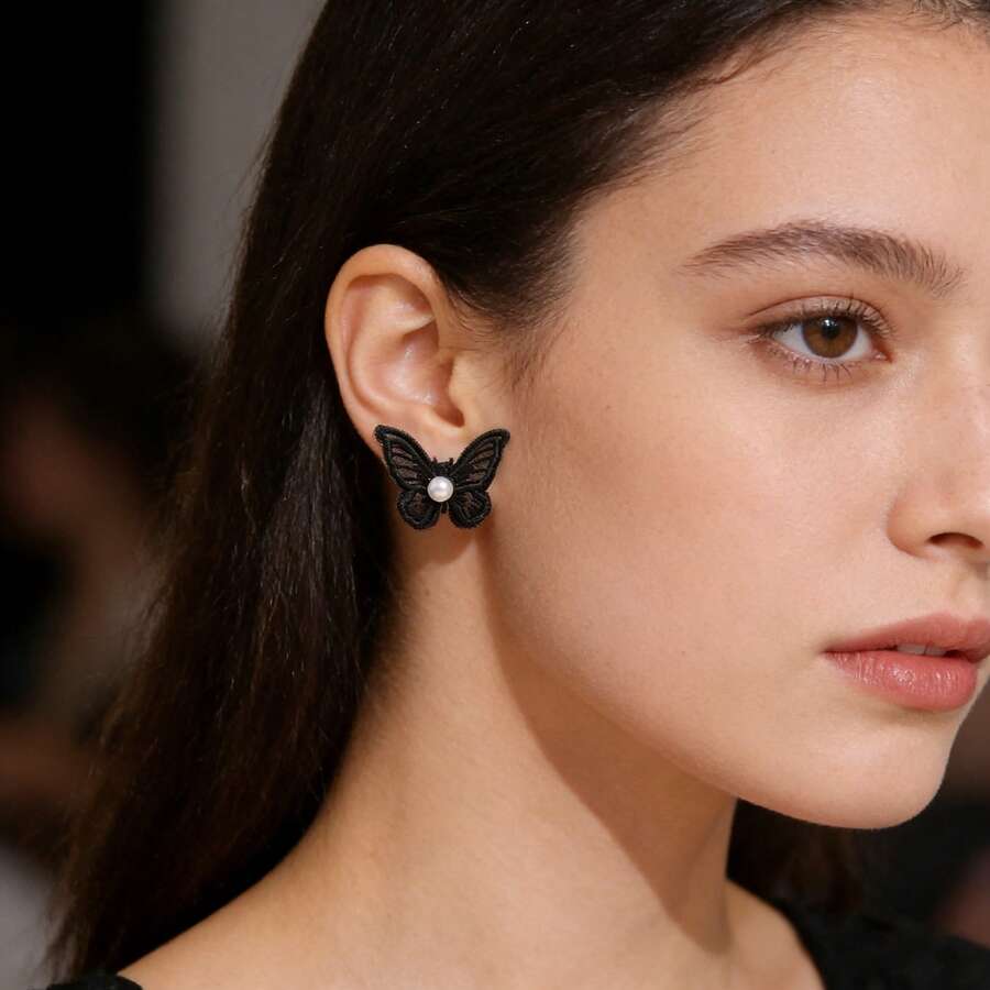 1对简约个性INS风涤纶甜美优雅百搭耳环，适合女性日常及居家佩戴 - 黑色 - 查看 1