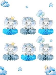 6个蓝色小象主题纸质蜂窝装饰，可爱蜂窝中心装饰，适用于婴儿派对、生日派对、性别揭晓派对、一周岁生日派对背景装饰、婴儿派对回礼、派对用品 - 藍色大象 - 查看 1