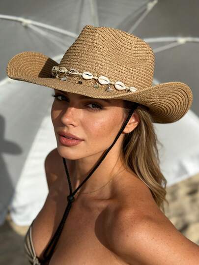 1 pieza Sombrero de paja de ala ancha de unicolor unisex, sombrero de Panamá versátil y de moda con decoración de cadena de cuentas, estilo bohemio para uso casual al aire libre, playa, vacaciones, senderismo y protección solar, adecuado para uso diario