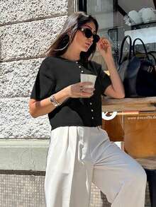 Round Neck Solid Color Faux Pearl Button Short Sleeve Casual Versatile Knit Cardigan, Loose Fit, Suitable For Everyday Wear Black Spring - Black - View 3