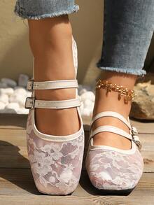 新款夏季蕾丝网面女士平底鞋，镂空透气时尚玛丽珍芭蕾舞鞋，细带搭扣，休闲百搭柔软优雅夏季网面鞋 - 卡其色 - 查看 5