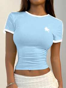 Women's Fitted Round Neck Printed Striped Short Sleeve T-Shirt, Contrast Color Pattern Casual Summer - Baby Blue - View 5