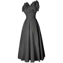 法式黑色束腰连衣裙，荷叶边方领花瓣袖，复古宫廷风长裙 - 黑色 - 查看 3