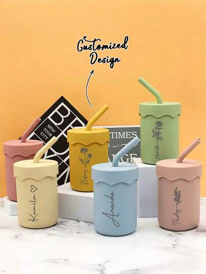 Customize A Cute Silicone Straw Water Bottle With A Wave-Shaped Lid - 6 Colors, Featuring Floral Patterns And Personalized Engraving. A Portable Travel Cup, Suitable For Holding Coffee, Juice, And Smoothies - The Perfect Gift For Her. Can Be Personalized With A Name. A Dopamine-Colored Straw Water Bottle, A Bridesmaid Gift, A Return Gift For A Bachelor Party, A Wedding Souvenir. Cute Summer Style. Reusable Coffee Cup.