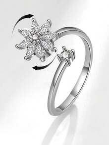 1pc Anti-Anxiety Rotatable Minimalist Flower Ring For Women, Anti-Stress Wedding Band - Silver - View 1