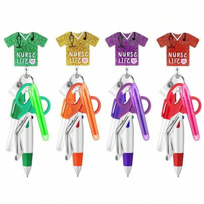 1 Set Nurse Pen Set Accessories Includes: 1 Mini Highlighter 1 Colored Marker 1 Ballpoint Pen 1 Pair Of Nursing Scissors 1 Badge Reel Nursing Keychain A Thoughtful Holiday Gift For Friends, Colleagues, Nurses, And Doctors.