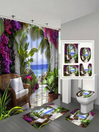 1/4 Piece Tropical Coastal Garden Shower Curtain Set With Hooks - Vibrant Floral Arch, Moroccan Style Palm Leaves And Coconut Tree Design, Durable Polyester Fabric, Machine Washable, Suitable For Indoor/Outdoor Bathroom Decor, Indoor Outdoor Use, Moroccan Architecture, Easy Maintenance