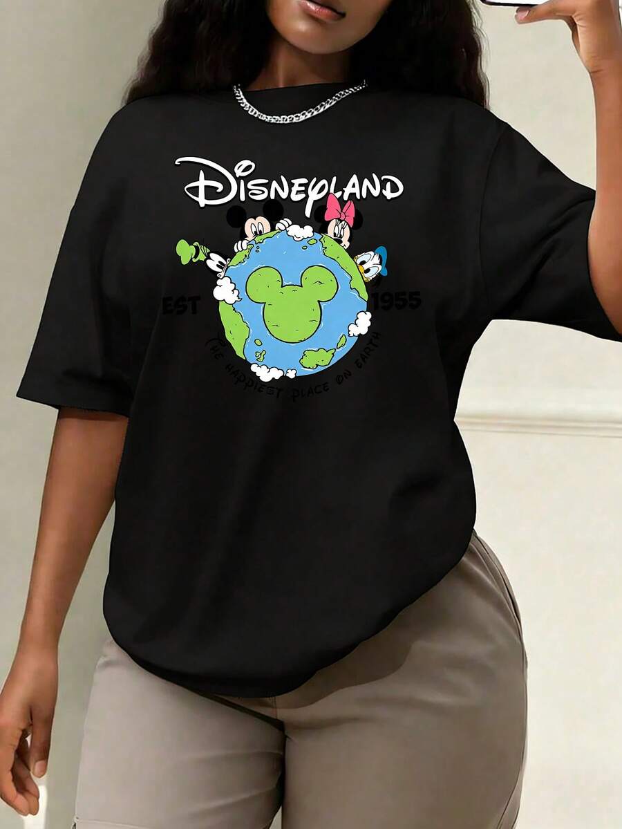 Women's Black Cotton Casual Disneyland Graphic Print Round Neck Short Sleeve Regular T-Shirt - 黑色 - 查看 1