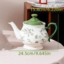 1 Juego de tetera, taza y platillo de cerámica con diseño floral y de vid, estilo minimalista y elegante. Juego de taza y platillo de cerámica de unicolor verde y azul, estilo nórdico y de lujo, simple. Adecuado para restaurante, cafetería, librería, hotel, hogar. Juego de taza y platillo de cerámica para café, té de flores y merienda. - Verde - Ver 14